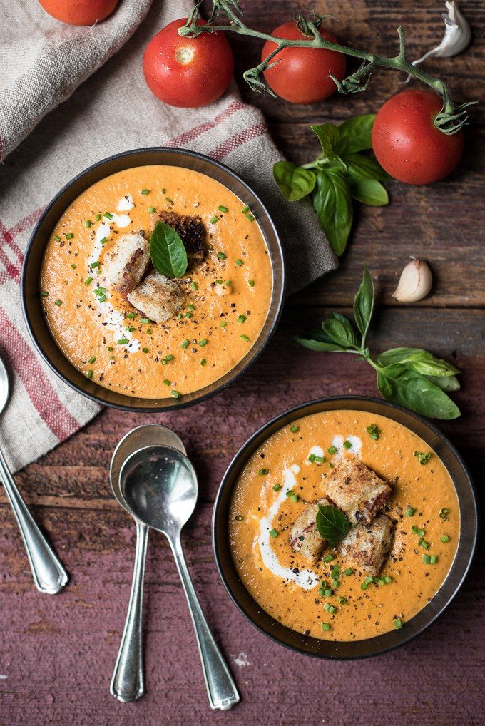 Creamy Tomato Soup and Bacon-Gouda Croutons