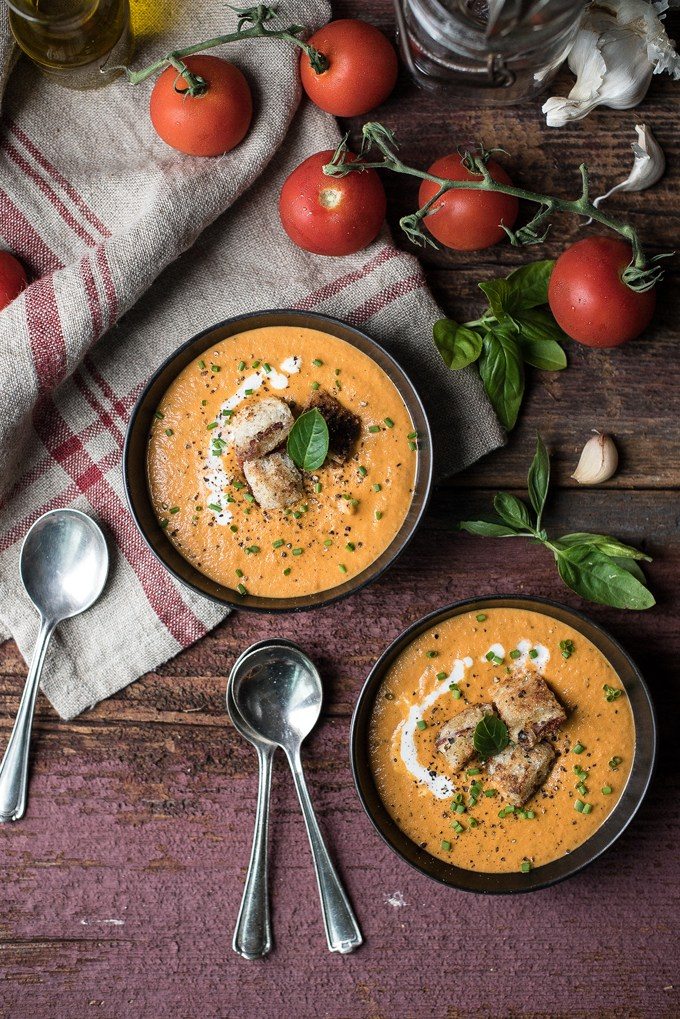 Creamy Tomato Soup and Bacon-Gouda Croutons