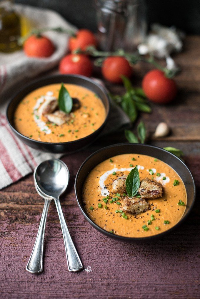 Creamy Tomato Soup and Bacon-Gouda Croutons