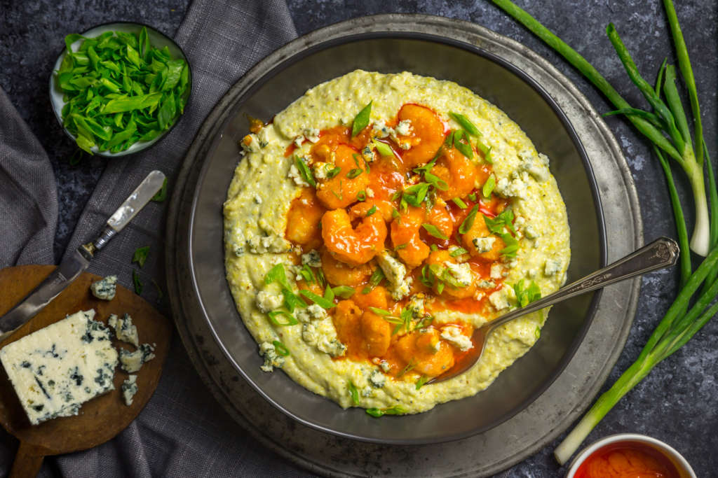 Buffalo Shrimp and Blue Cheese Grits