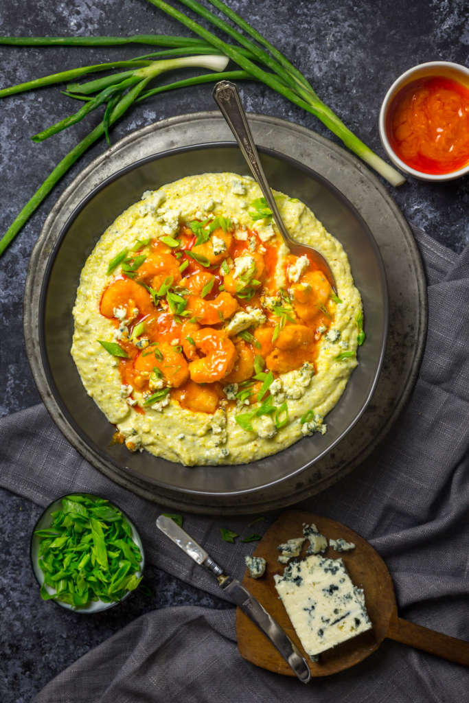 Buffalo Shrimp and Blue Cheese Grits