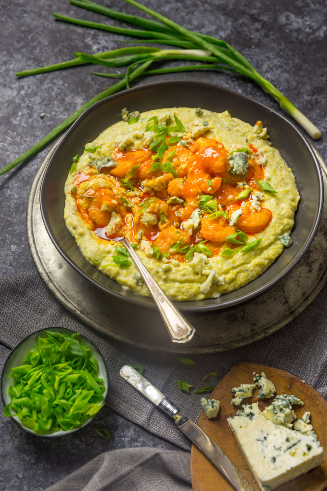 Buffalo Shrimp and Blue Cheese Grits