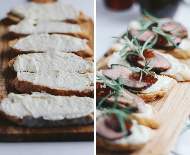 Parsnips Puree, Fig Jam and Duck Confit Crostini with Pinot Noir Wine