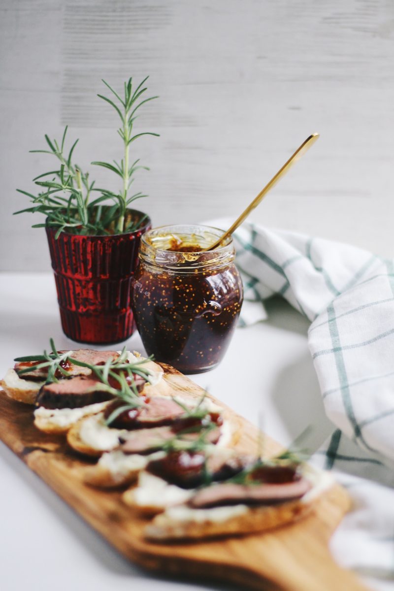 Parsnips Puree, Fig Jam and Duck Confit Crostini with Pinot Noir Wine