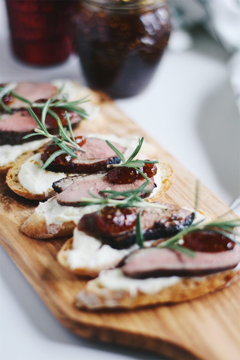 Parsnips Puree, Fig Jam and Duck Confit Crostini with Pinot Noir Wine