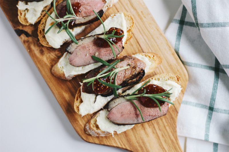 Parsnips Puree, Fig Jam and Duck Confit Crostini with Pinot Noir Wine
