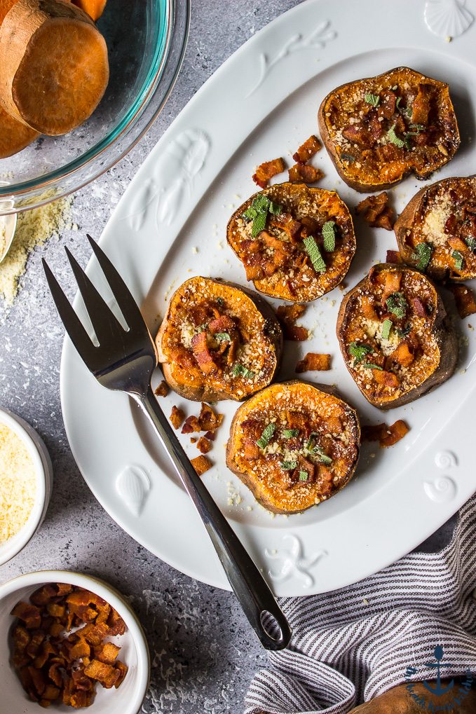 Brown Butter, Bacon, Parmesan and Sage Smashed Sweet Potatoes