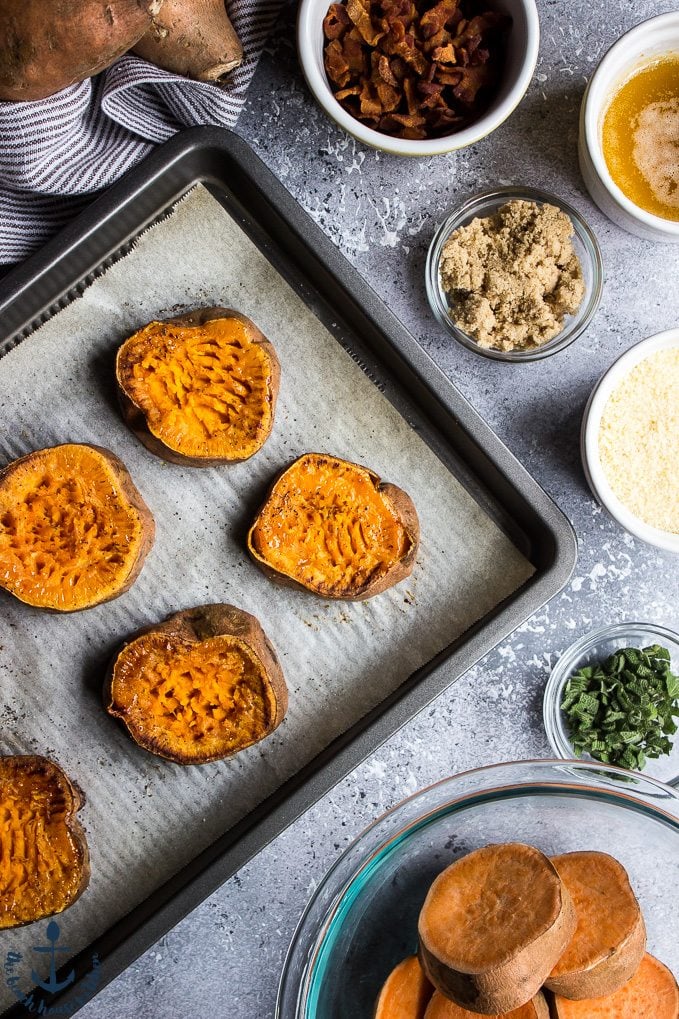 Brown Butter, Bacon, Parmesan and Sage Smashed Sweet Potatoes