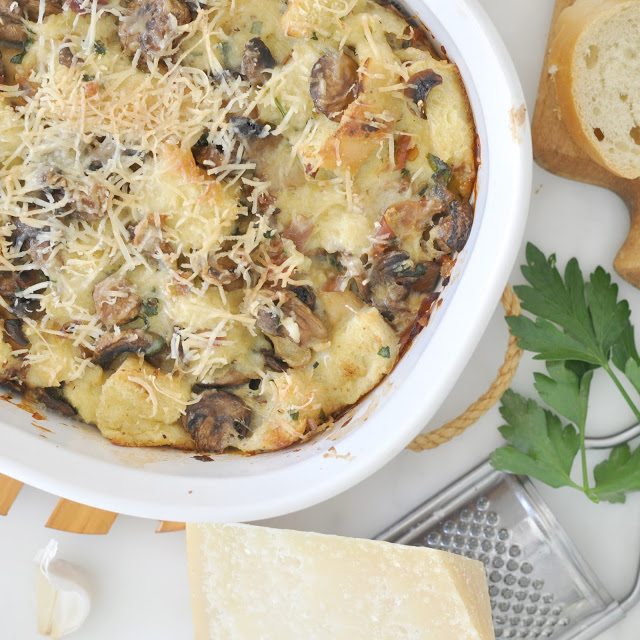 Mushroom and Speck Savory Bread Pudding