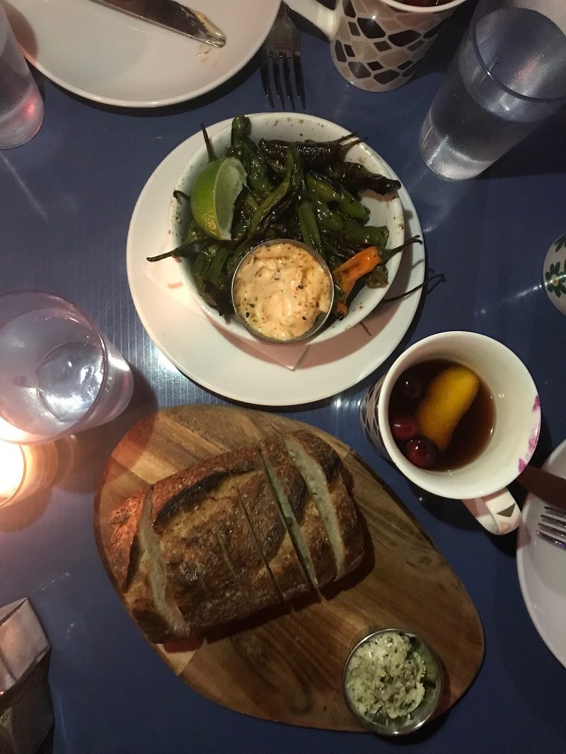 cape house - appetizer - shishito peppers and aoili - Bread and seaweed butter