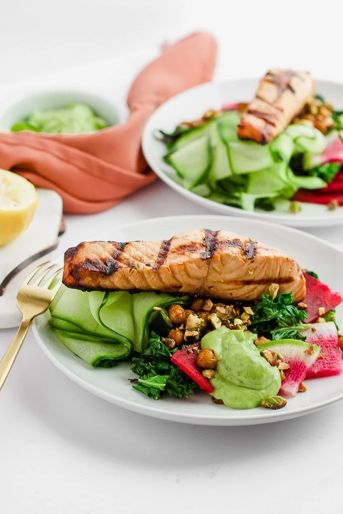 Grilled Salmon Salad with Crispy Chickpeas and Avocado Dressing