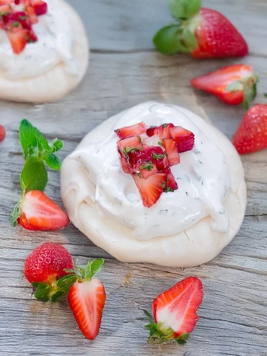 Mini Pavlovas with Strawberry Mint Sauce Recipe