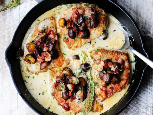 Mushrooms, Bacon and Pork Chops in a White Wine Cream Sauce