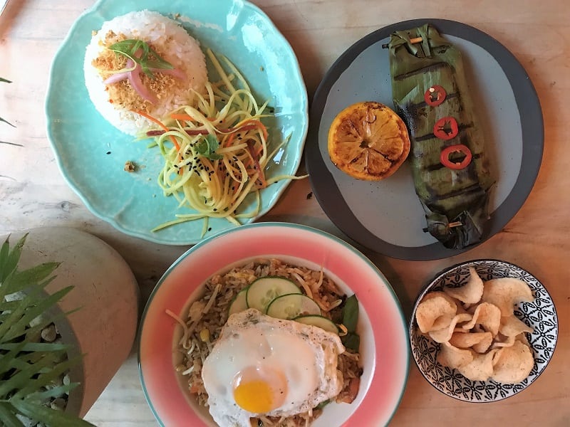 Indonesian style fried rice and grilled porgy