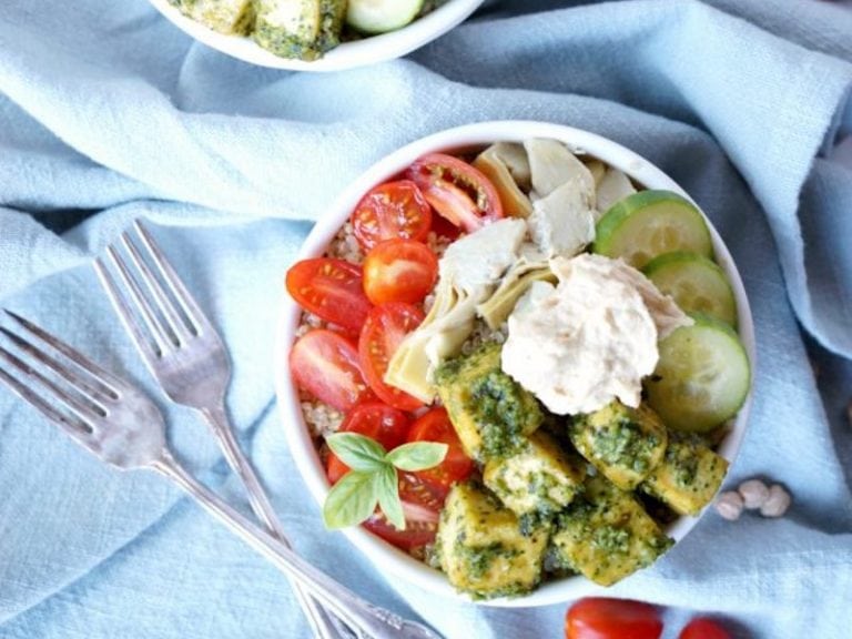 Hummus and Pesto Tofu Buddha Bowls