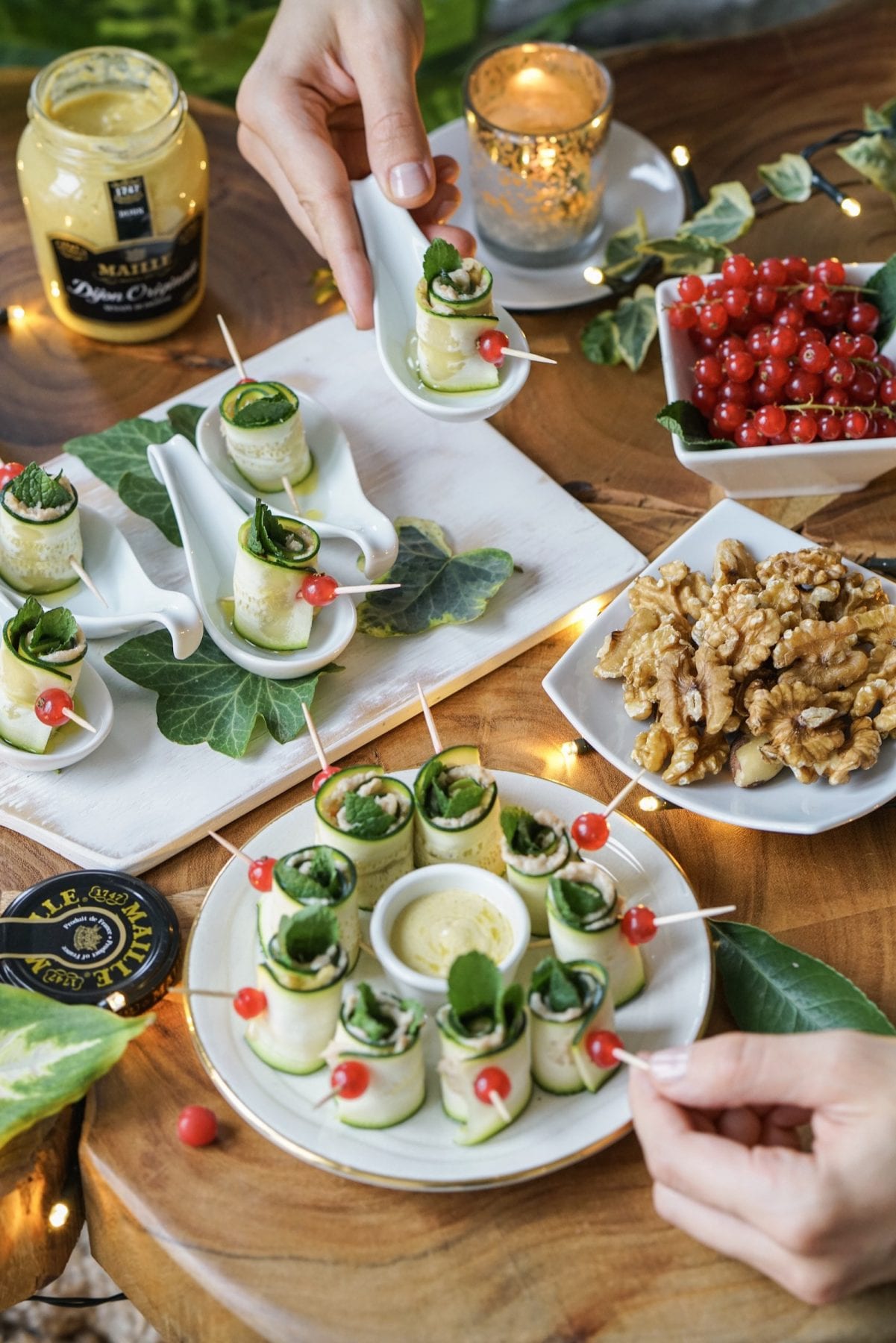 Finger Food Zucchini Basil Rolls with basil hummus - Heavenlynn Healthy