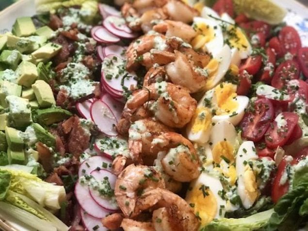 Topped with a creamy yogurt and cucumber dressing, this shrimp Cobb salad with gulf shrimp is such a delight for the tastebuds.