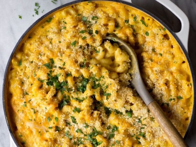 A creamy 3-cheese mac with a butternut squash sauce tossed with noodles and baked.