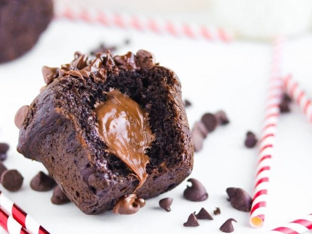 These soft chocolate muffins are LOADED with dark chocolate chips, milk chocolate chips, and stuffed with Nutella!