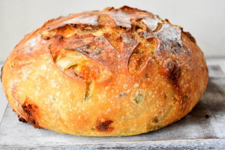 Dutch Oven Sourdough Bread with Pickled Jalapeños and Cheddar Cheese