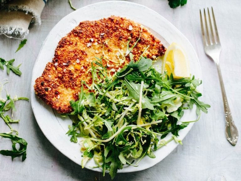 Almond Crusted Chicken Cutlets with Lemony Greens