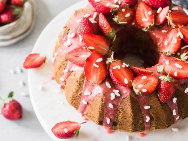 This eggless strawberry swirl bundt cake is made with a hint of fennel and is true strawberry indulgence. A fluffy fennel sponge cake, a strawberry jam swirl and a delicious glaze. Perfection.