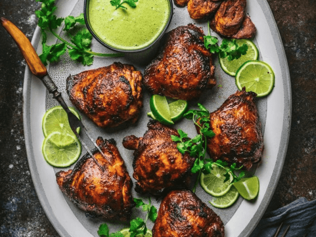 Marinate chicken thighs in garlic, soy sauce, lime juice and spices, then roast them until the skin turns golden and crisp. Serve it with an irresistible tart green sauce, made with chilis and cilantro.