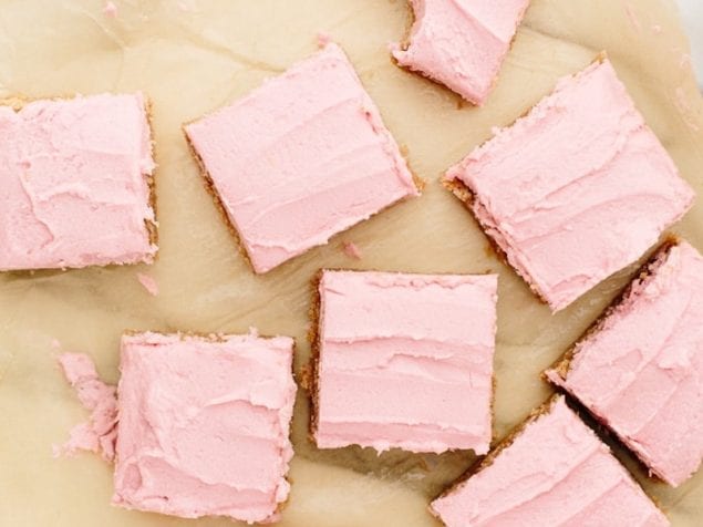 These vegan sugar cookie bars are sweet, simple, and comforting. Dress them up or down however you see fit. Change up the color of the buttercream, add sprinkles or crushed freeze-dried raspberries, etc.