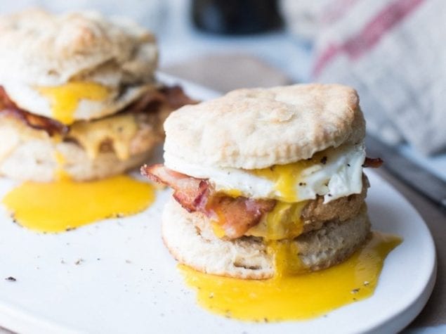 A twist on a breakfast chicken biscuit sandwich using a mix of sweet and savory hot honey.