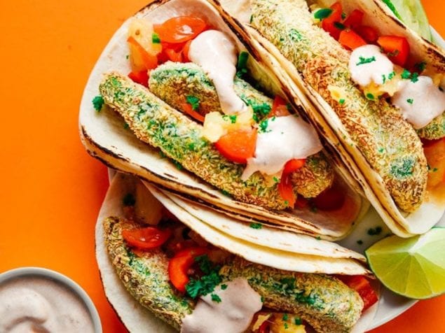 Creamy, crispy avocado tacos with fresh pineapple salsa and a creamy chipotle sauce. The perfect vegetarian combo for your next taco night.