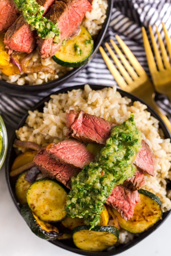 Grilled Steak and Vegetable Rice Bowls with Chimichurri Sauce