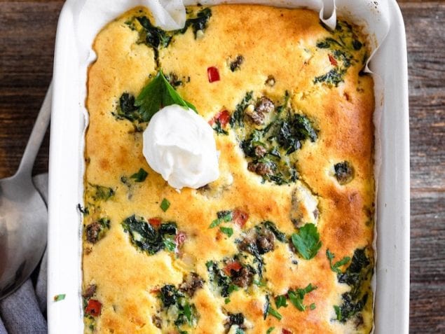 This easy breakfast casserole is perfect to meal prepping and is a total crowd pleaser. The Cornbread Breakfast Bake is loaded with meat and fresh veggies.