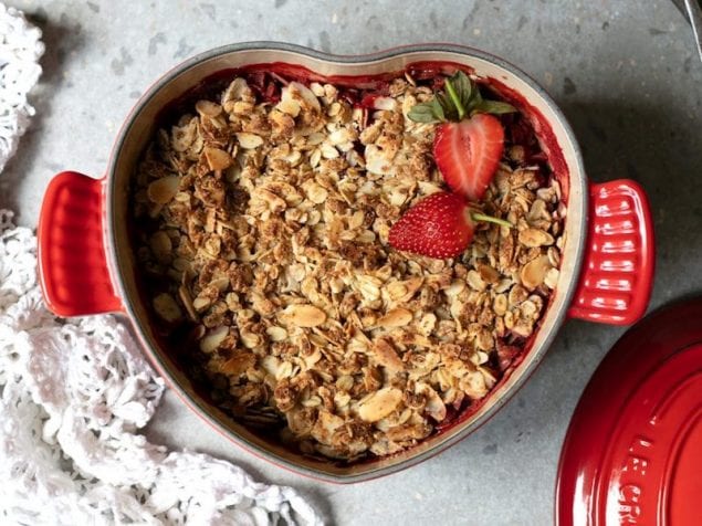 This isn't just a usual strawberry-rhubarb crumble. It's a strawberry-rhubarb crumble with delicious nuttiness from slivered almonds.