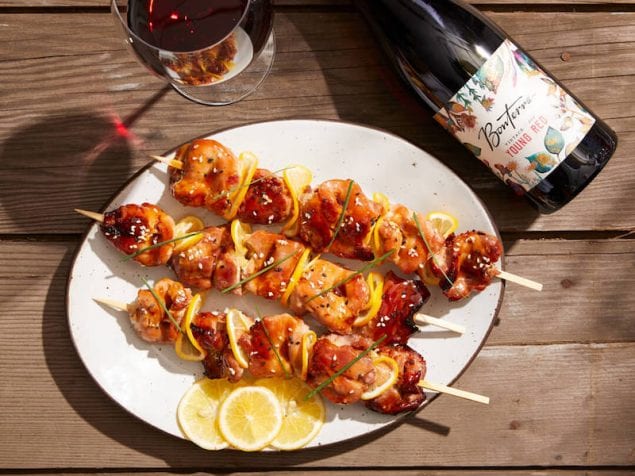 Hot summer evenings call for cooking outside. Try these fun, grilled yakitori skewers paired with a slightly chilled red wine.