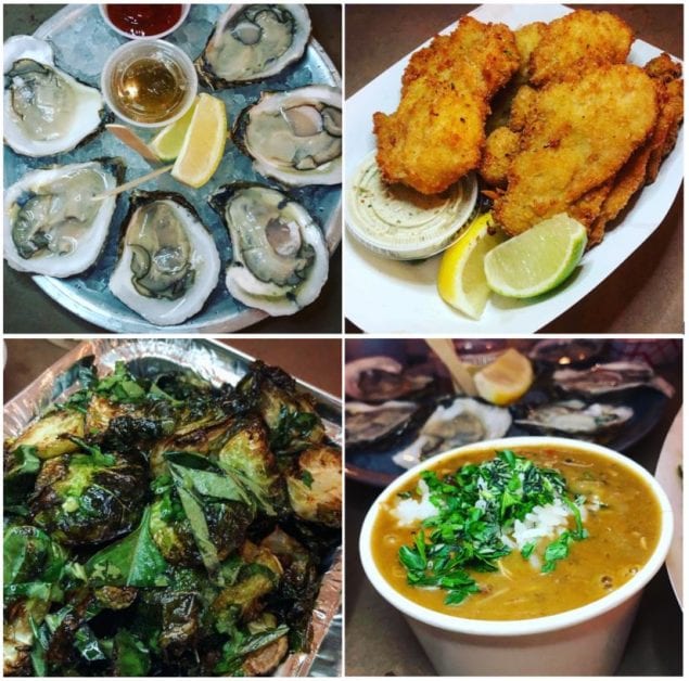 clockwise from top left seafood boil collage: Raw Oysters, Fried Oysters, Gumbo &amp; Roasted Brussels Sprouts 