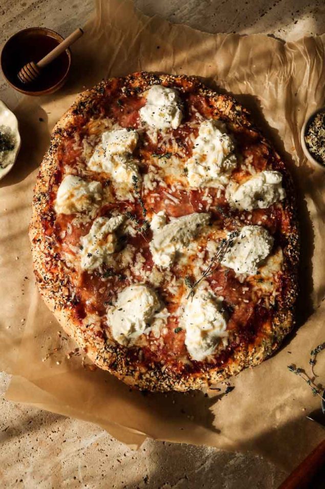 Everything Seasoning Pizza with Honey, Ricotta and Salami