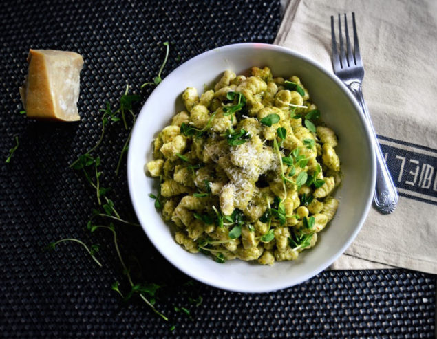 Ricotta Cavatelli with Pea Sprout Hazelnut Pesto