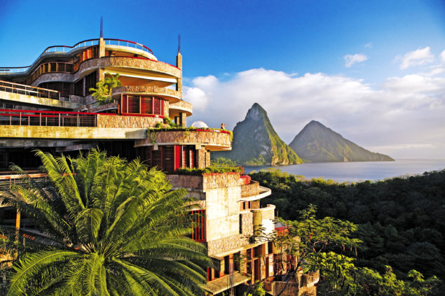 The Jade Mountain is an ultra-luxury resort in St. Lucia offering breathtaking views of the Piton Mountains and Caribbean Sea.