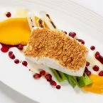 Steamed-Halibut-with-Butternut-Squash-and-Pomegranate-Reduction-The-Merrion