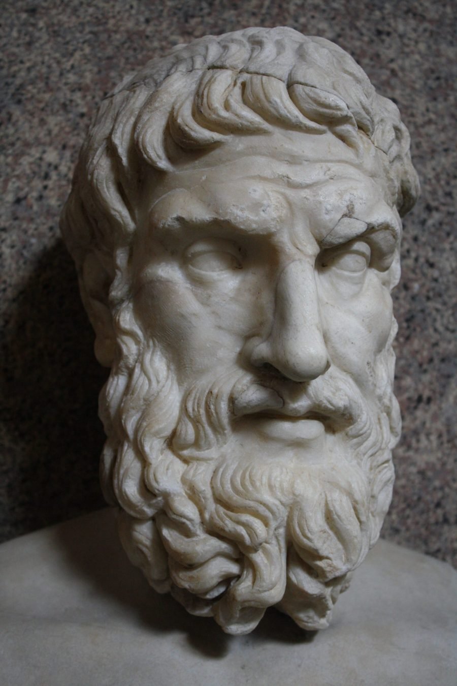 A marble bust of the Hellenistic philosopher Epicurus (341-270 BCE), founder of Epicureanism. 2nd century CE Roman copy of an earlier Greek original. (Vatican Museums, Rome)