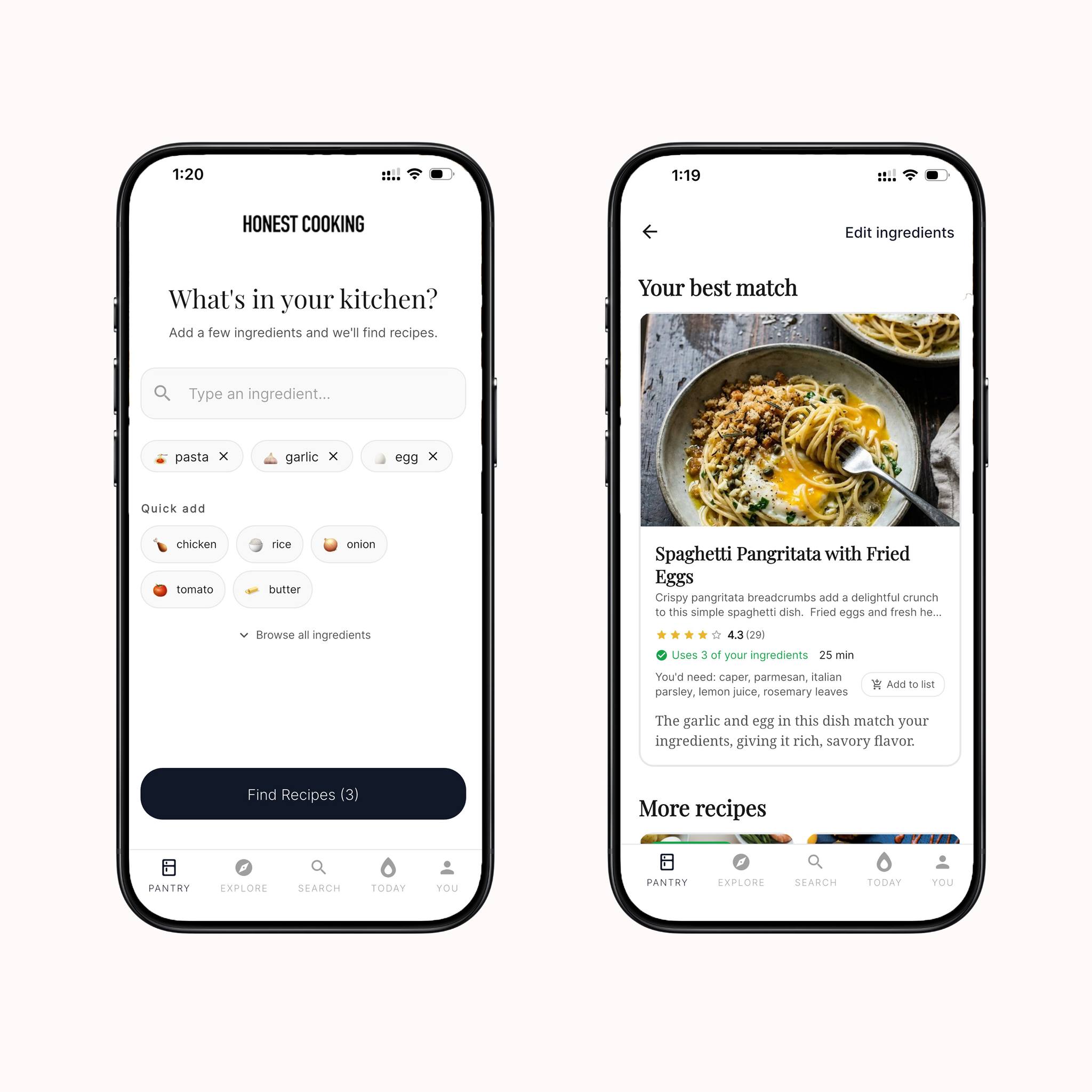 Honest Cooking Pantry Mode Screen