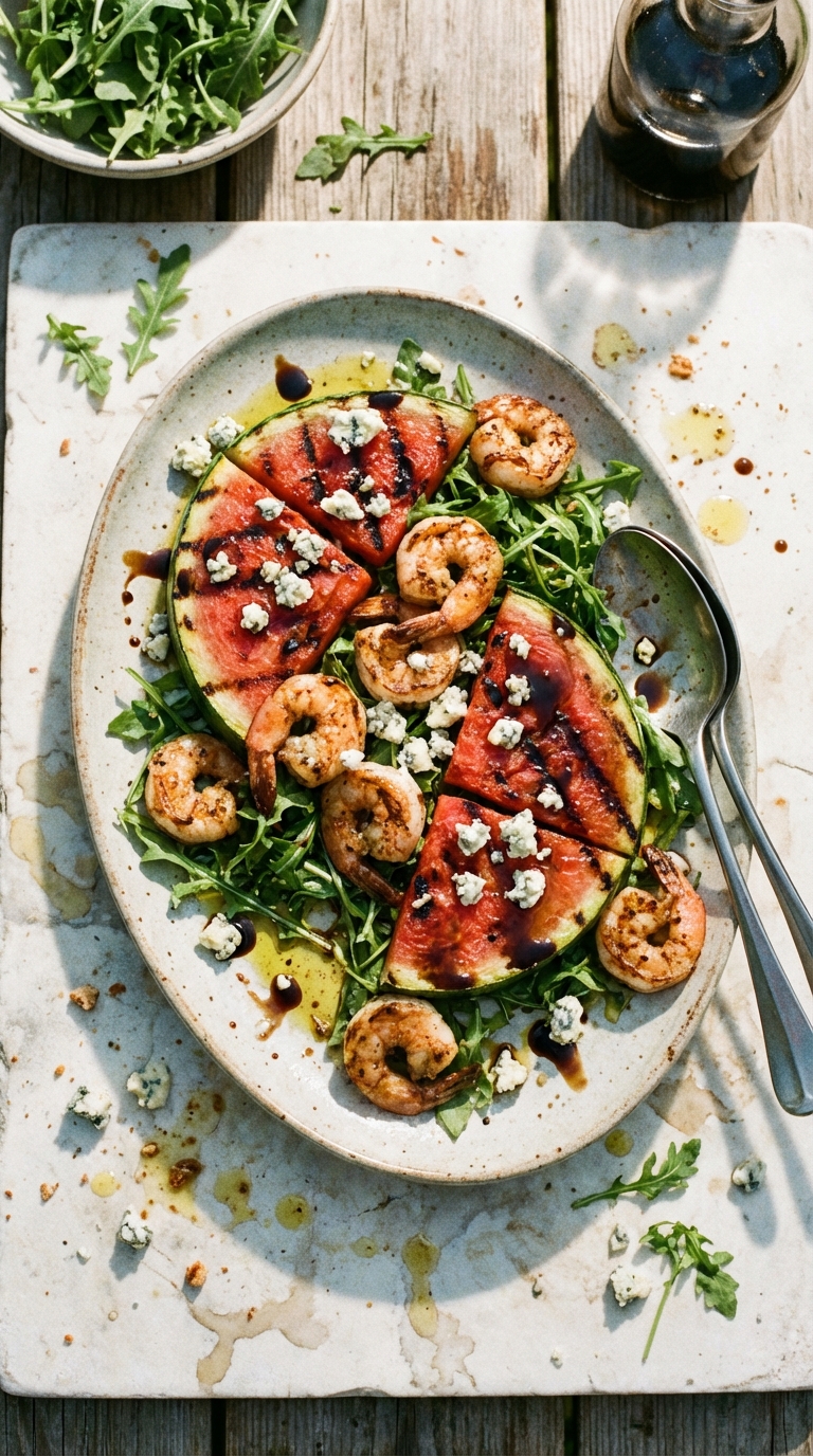 Arugula Salad with Grilled Watermelon and Shrimp