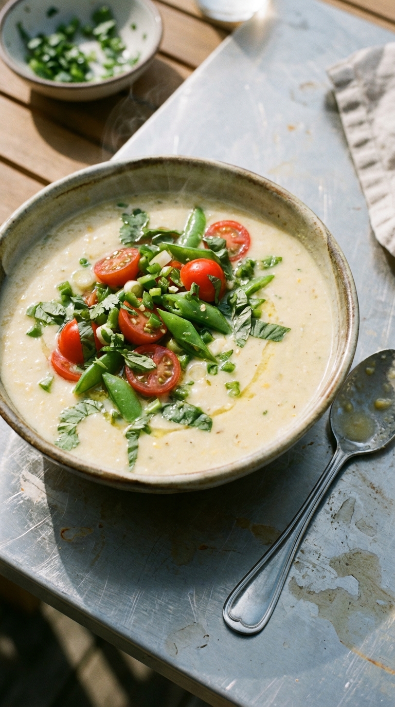 Corn Soup with Tomato and Sugar Snap Pea Salad