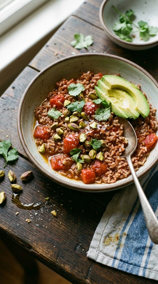 Tomato Rice Red Red Rice with Tomatoes, Avocado and Pistachios