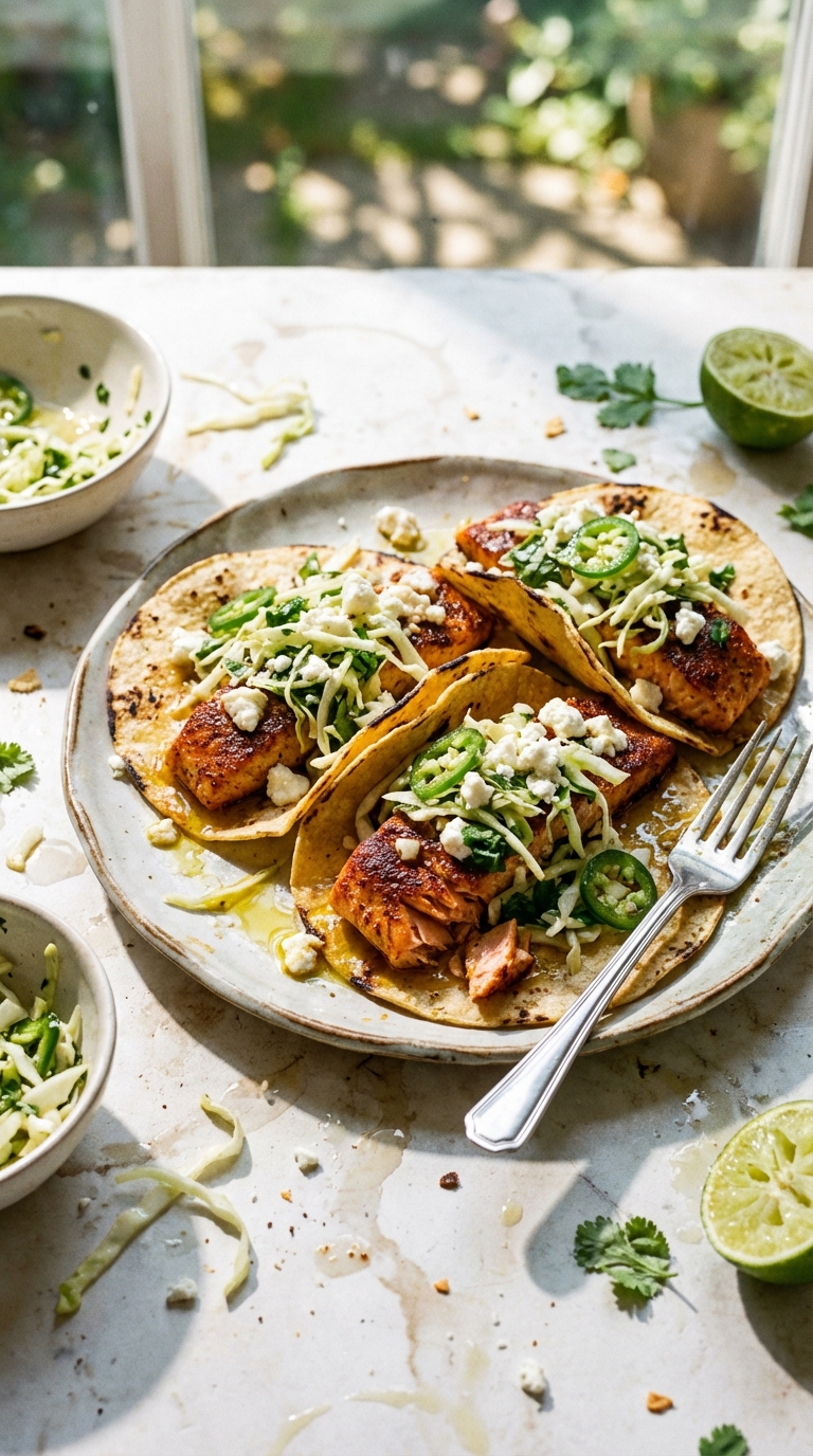 Spiced Salmon Tacos with Cilantro and Jalapeño Slaw