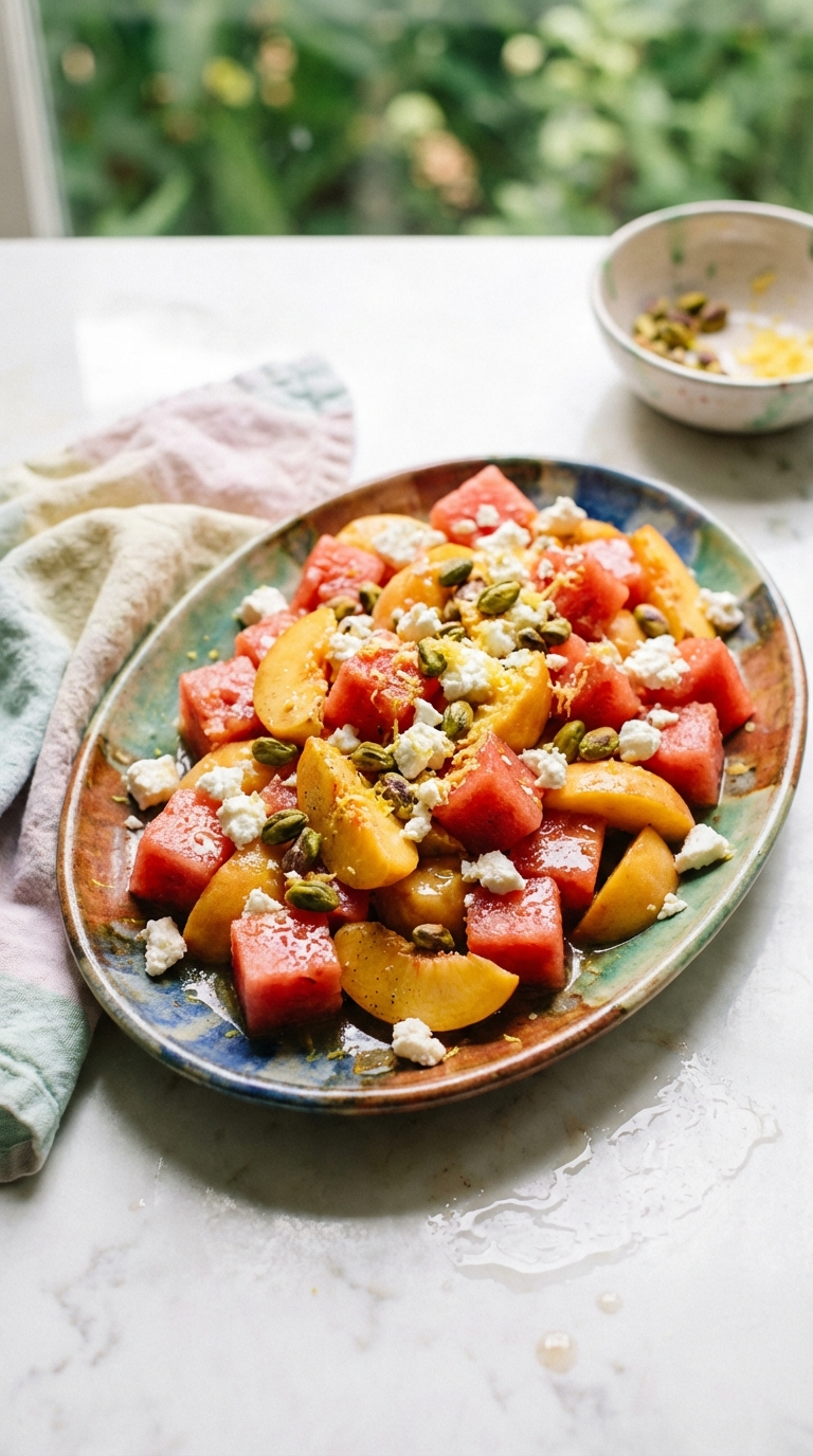 Watermelon Peach and Feta Salad with Lemon Allspice Dressing