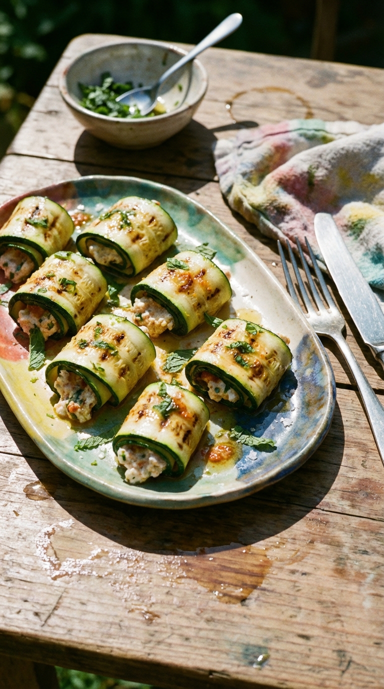 Zucchini Bites with Harissa, Goat Cheese, Lime and Mint