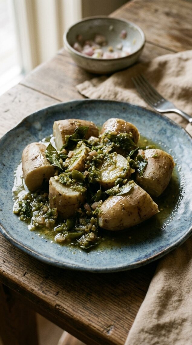 Kachil: Boiled Yam with Green Chili Coconut Sauce