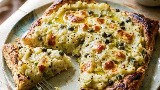 Open puff pastry tart topped with mashed potato, leeks, capers and cheese