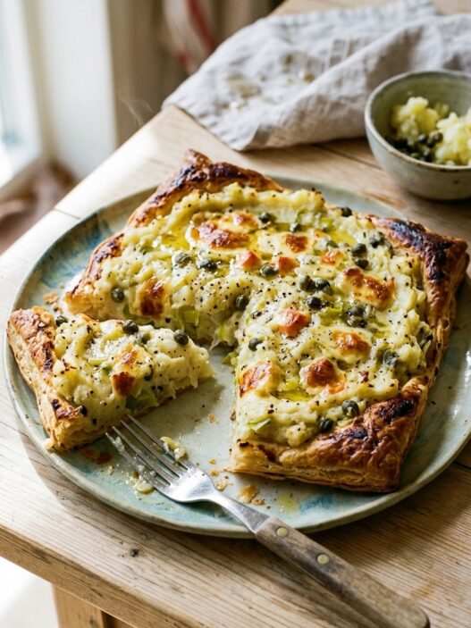 Open puff pastry tart topped with mashed potato, leeks, capers and cheese